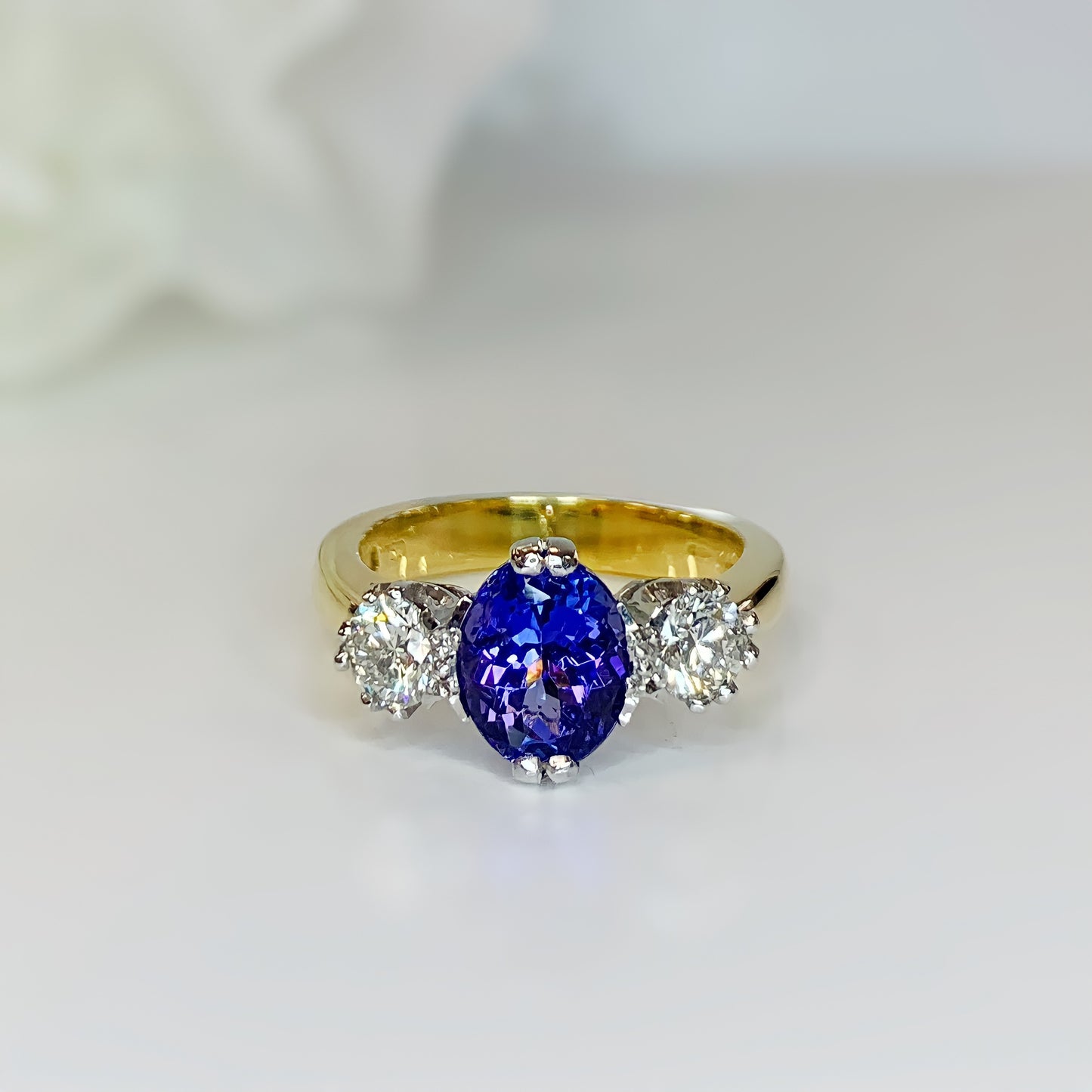 18ct Yellow Gold, Tanzanite And Diamond Trilogy Ring - Size O 1/2