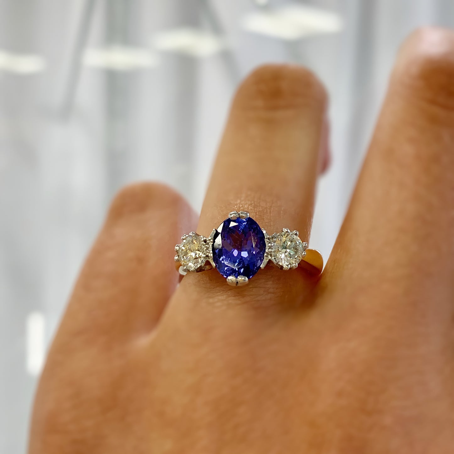18ct Yellow Gold, Tanzanite And Diamond Trilogy Ring - Size O 1/2