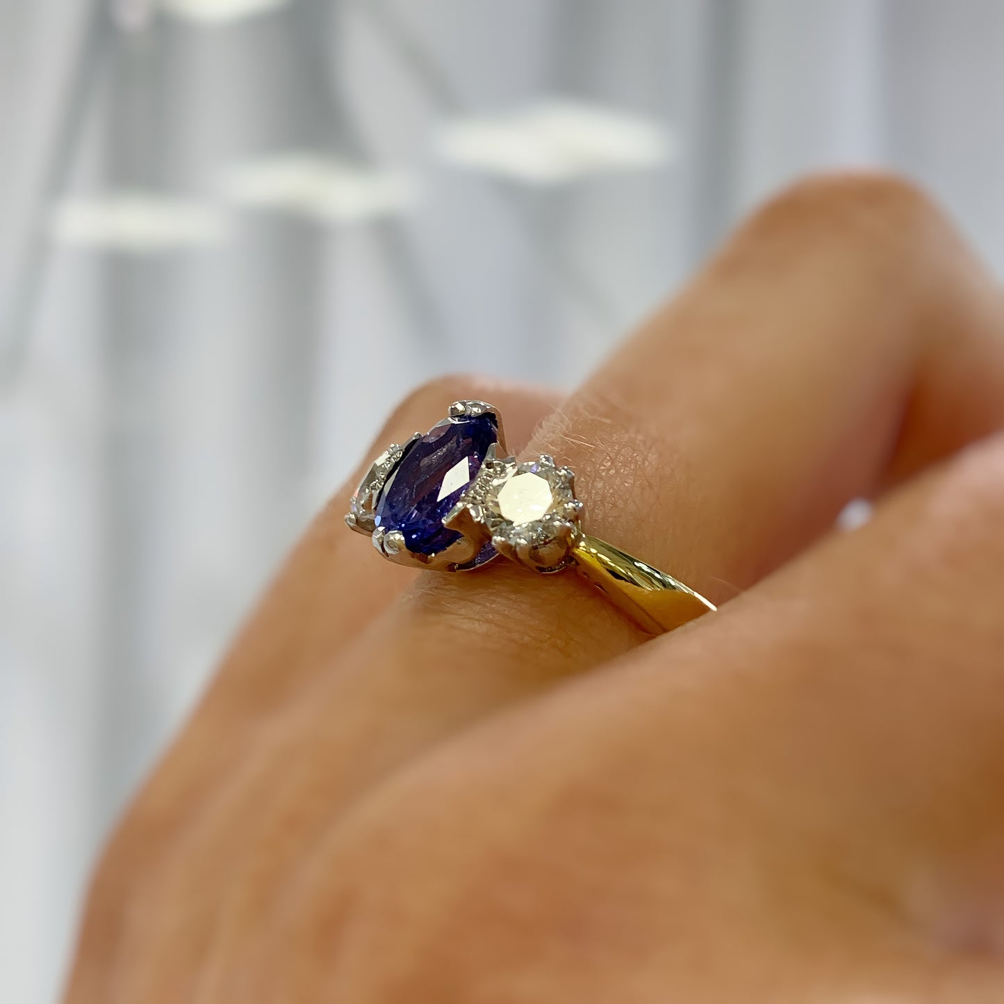 18ct Yellow Gold, Tanzanite And Diamond Trilogy Ring - Size O 1/2