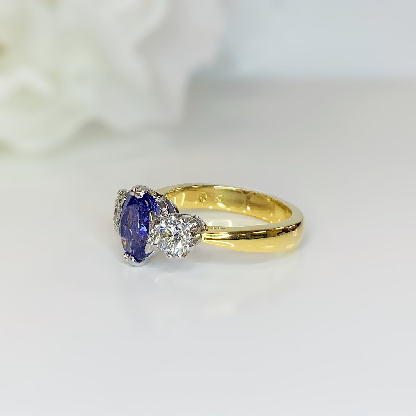 18ct Yellow Gold, Tanzanite And Diamond Trilogy Ring - Size O 1/2