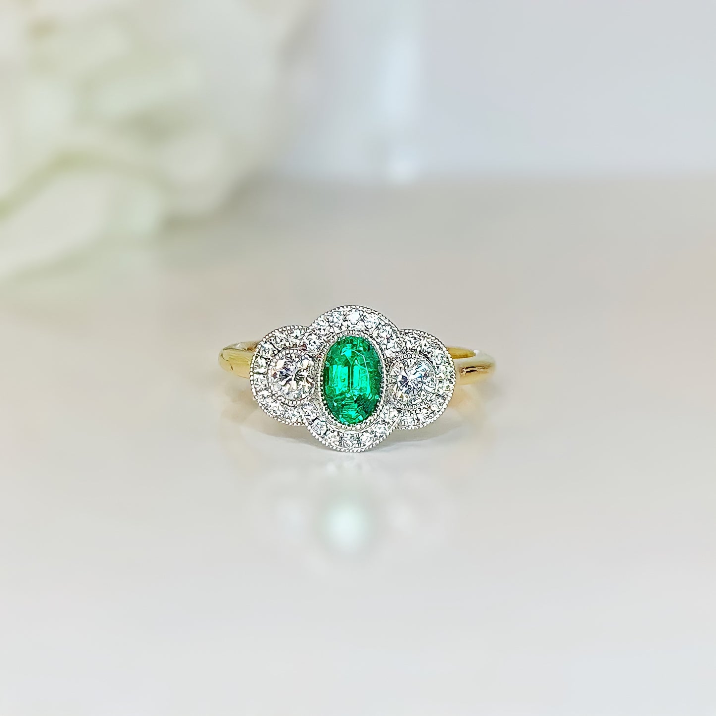 18ct Yellow Gold Art Deco Inspired Emerald And Diamond Ring - SIZE N
