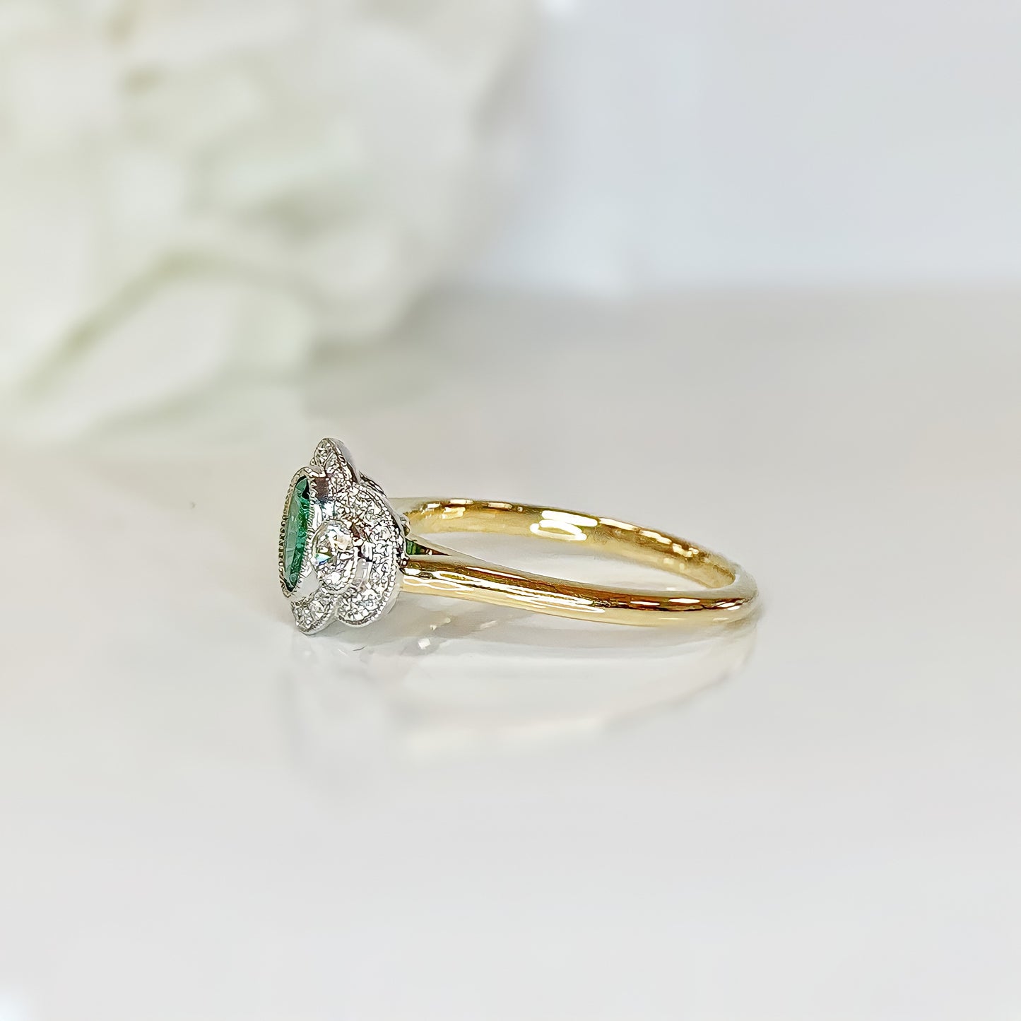 18ct Yellow Gold Art Deco Inspired Emerald And Diamond Ring - SIZE N