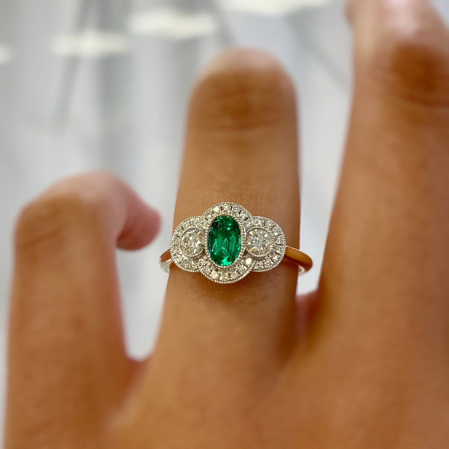 18ct Yellow Gold Art Deco Inspired Emerald And Diamond Ring - SIZE N