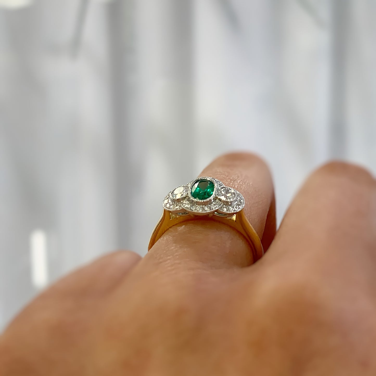 18ct Yellow Gold Art Deco Inspired Emerald And Diamond Ring - SIZE N