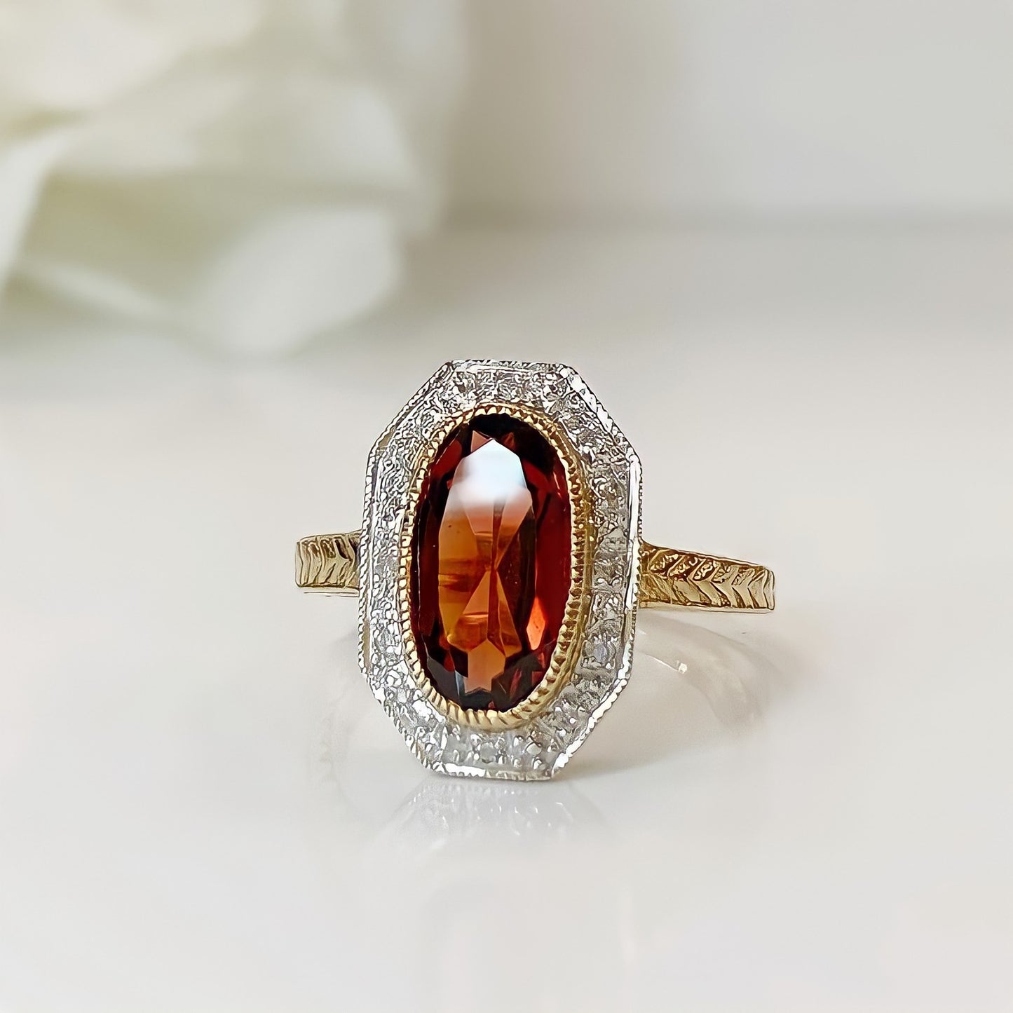The Anna Ring - Art Deco Inspired 9ct Yellow Gold, Red Garnet and Diamond Ring Size L ½