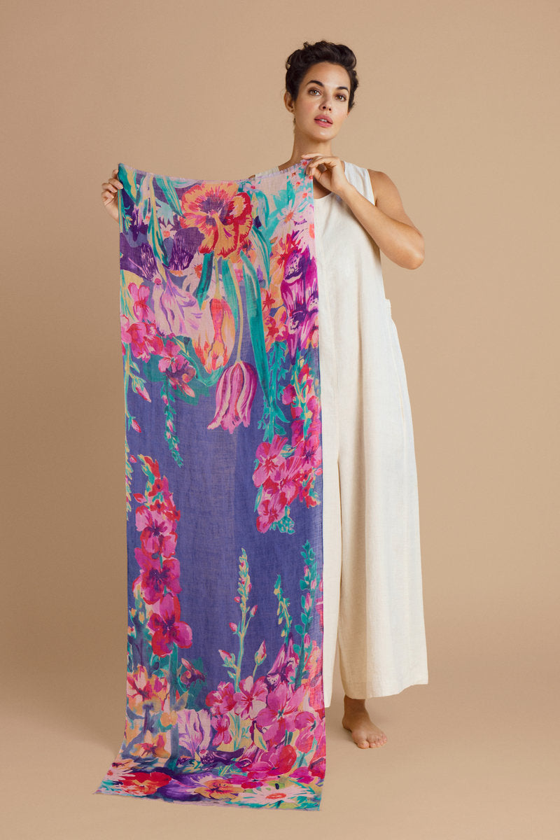 Powder Accessories 100% Linen Impressionist Garden in Indigo Scarf