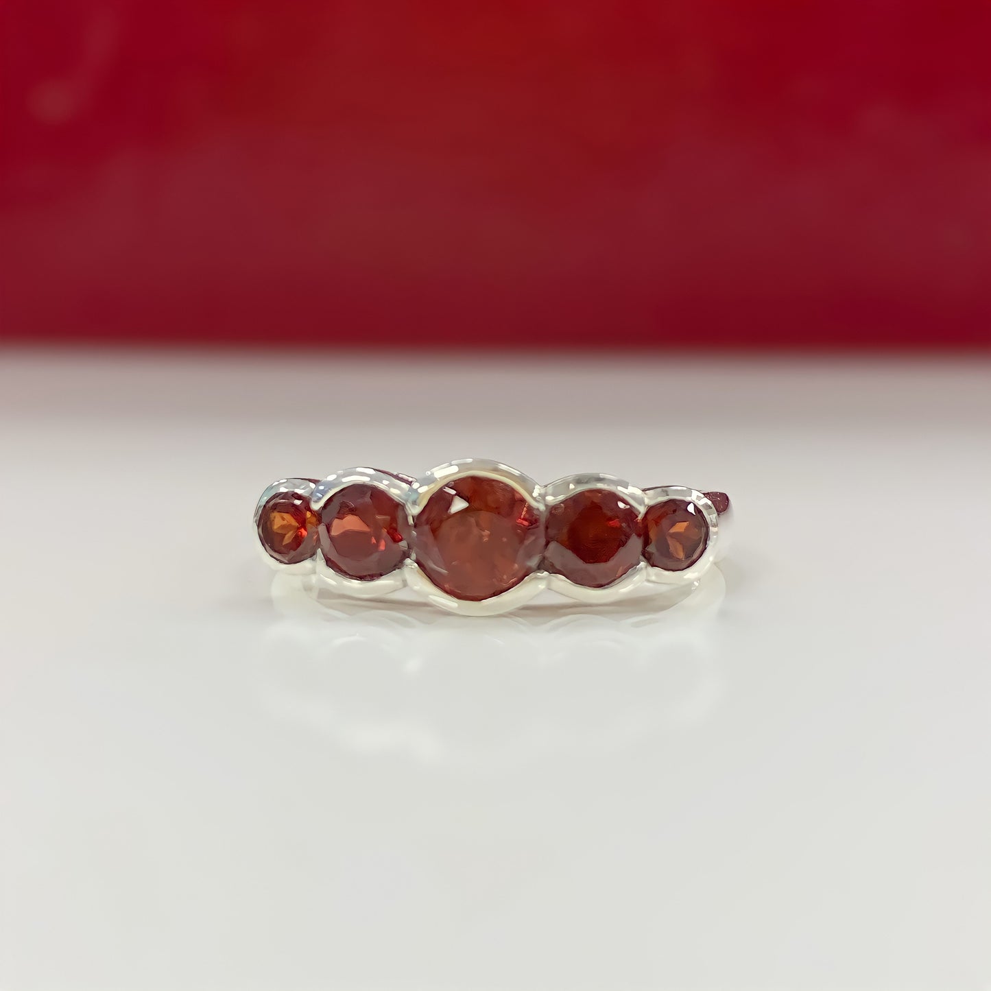 Sterling Silver Round 5 Stone Red Garnet Ring