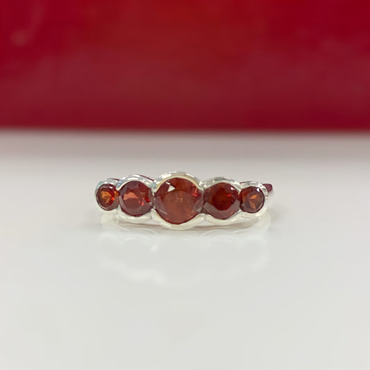 Sterling Silver Round 5 Stone Red Garnet Ring