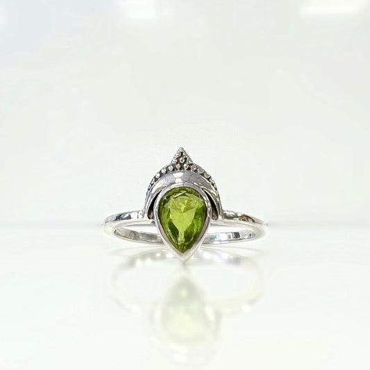 Sterling Silver Bohemian Pear Cut Faceted Peridot Ring - Size V 1/2