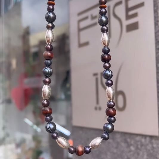 Gents Sterling Silver, Black Pearl and Wood Beaded Necklace