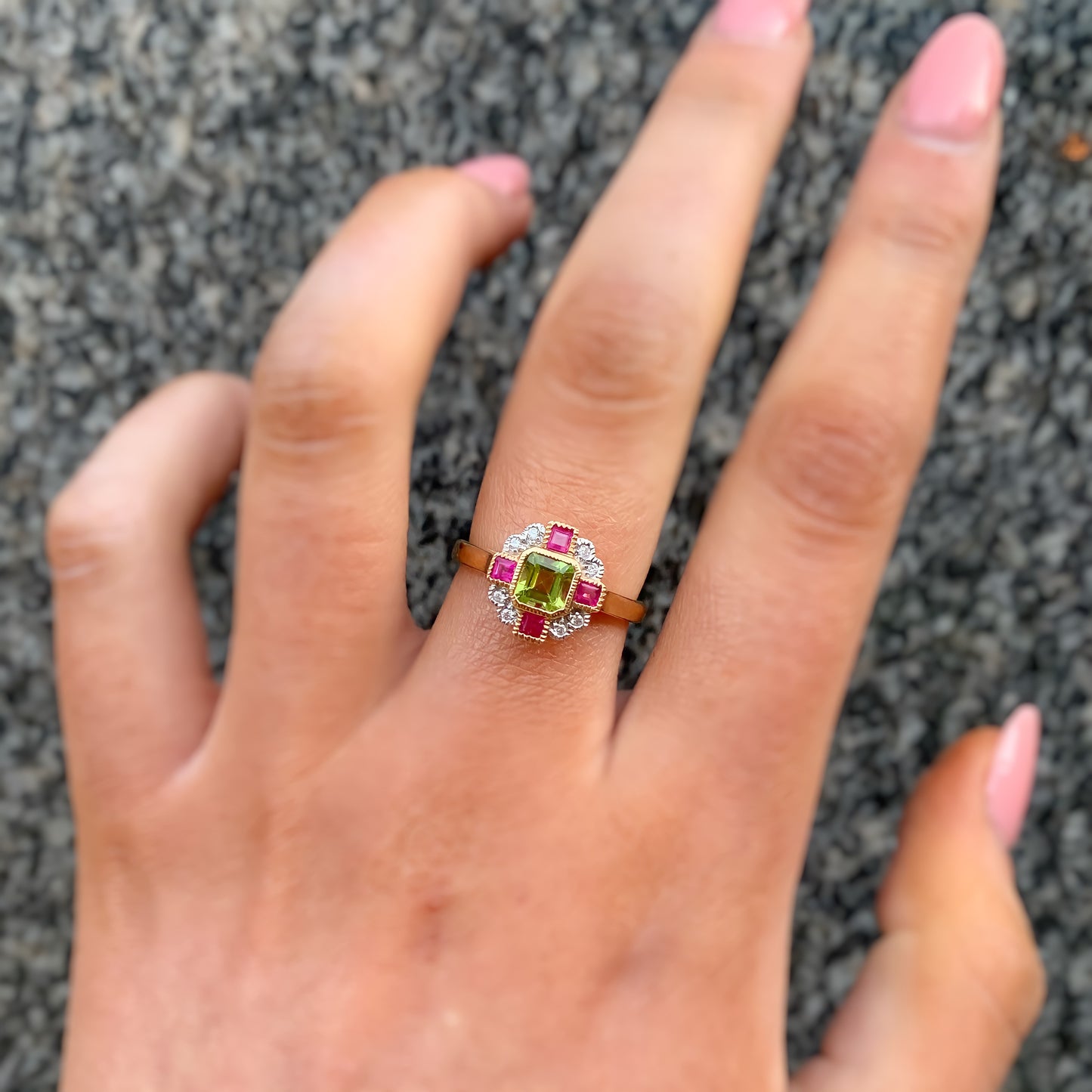 9ct Yellow Gold Art Deco Reproduction Green Peridot, Pink Ruby and Diamond Ring – Size O