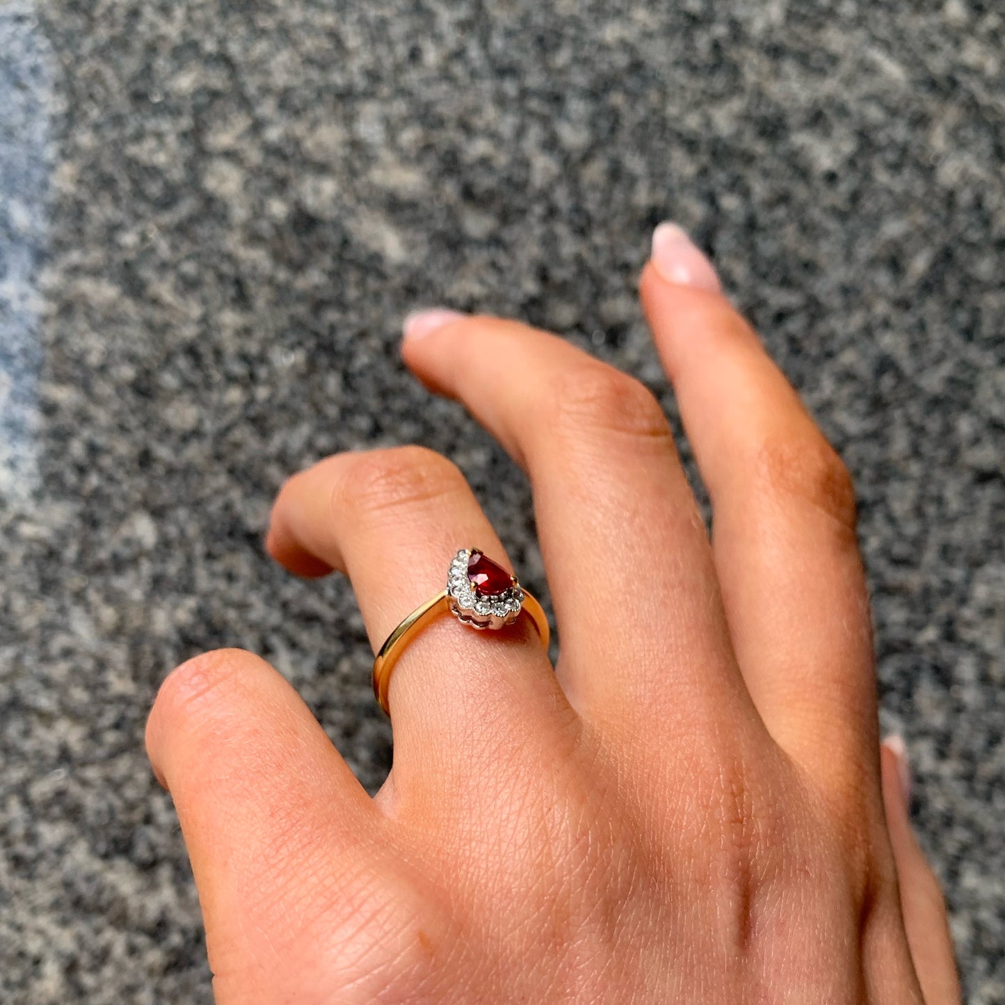 Dainty 18ct Yellow Gold Pear Shaped Red Ruby and Diamond Engagement Ring - Size M