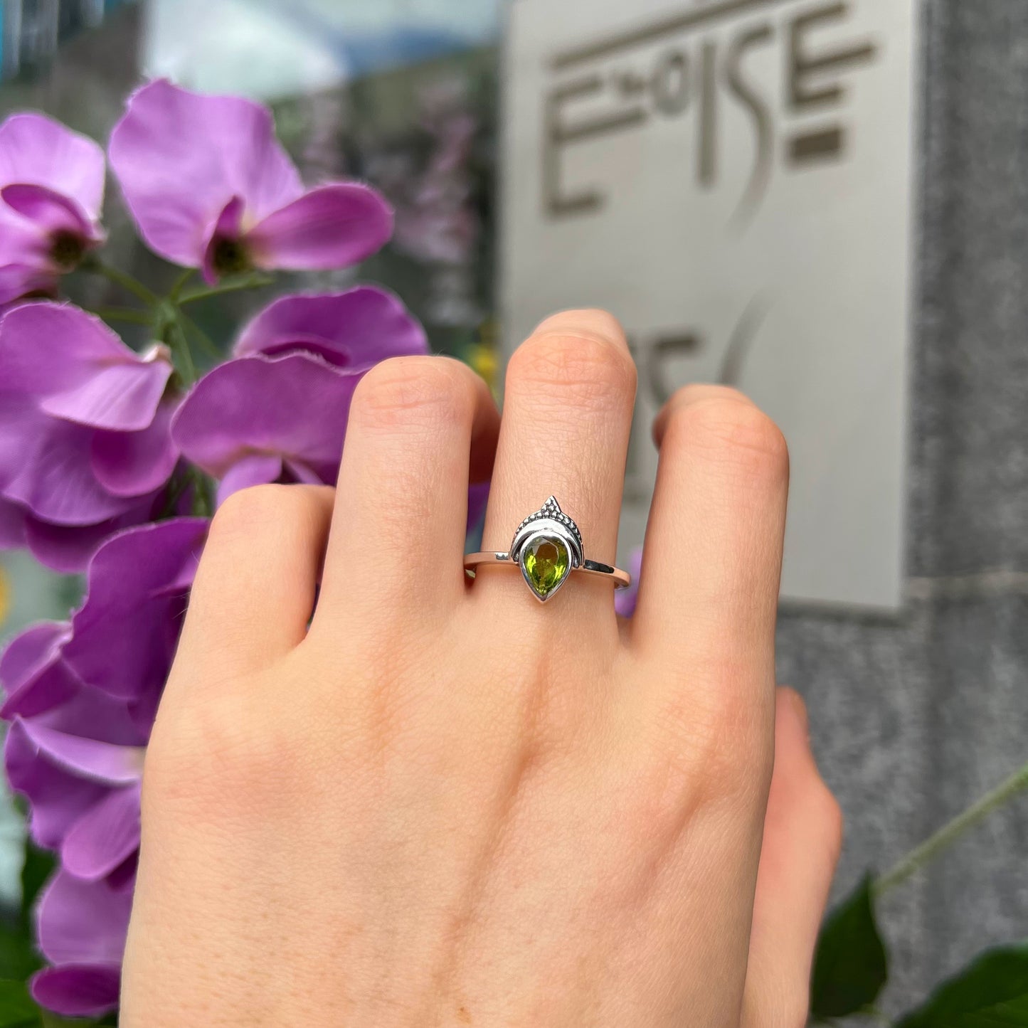 Sterling Silver Bohemian Pear Cut Faceted Peridot Ring