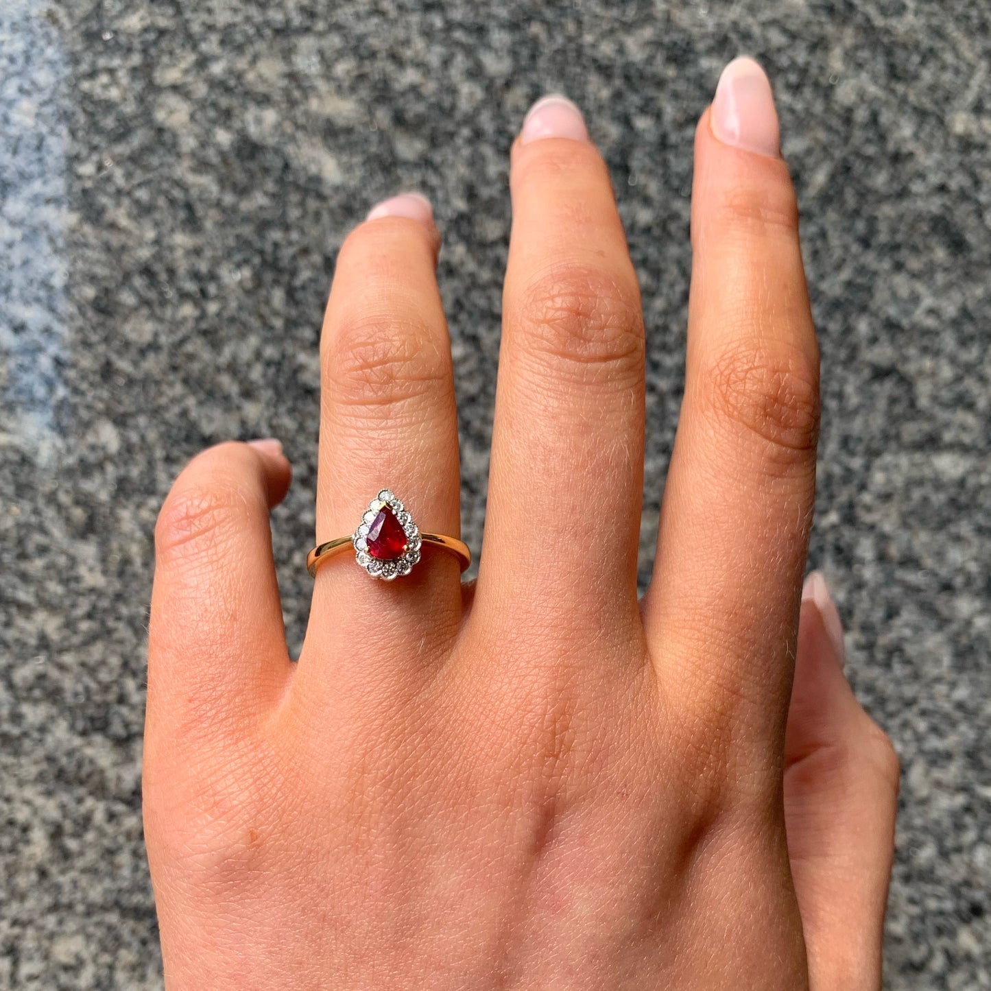 Dainty 18ct Yellow Gold Pear Shaped Red Ruby and Diamond Engagement Ring - Size M
