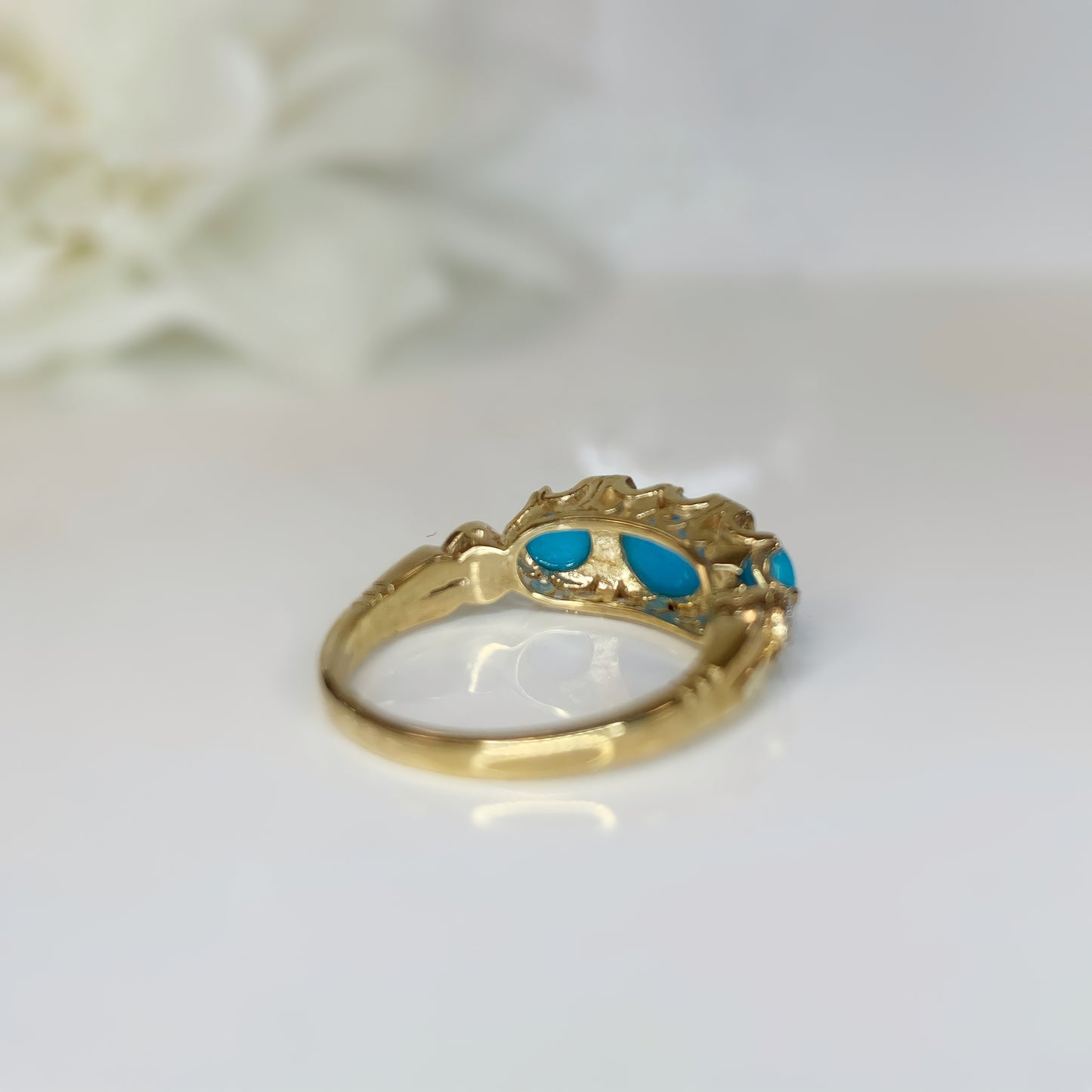 Edwardian Inspired 9ct Yellow Gold Turquoise and Diamond Ring - SIZE M ½