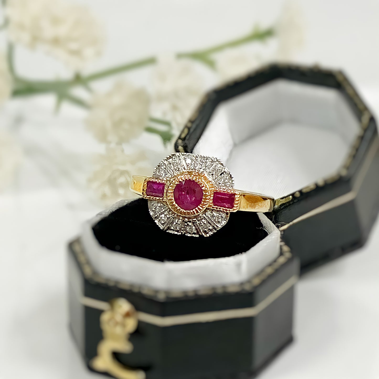 9ct Yellow Gold Art Deco Reproduction Red Ruby and Diamond Ring – Size N