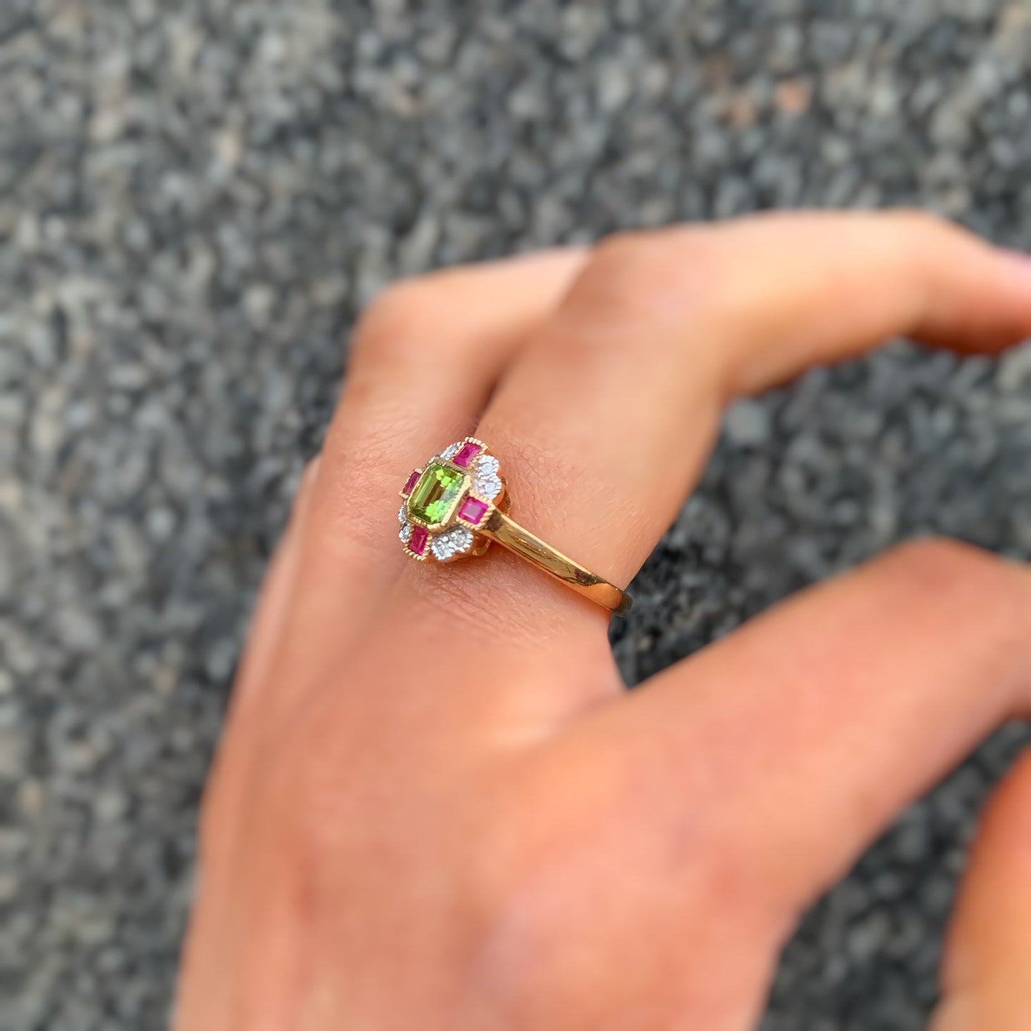 9ct Yellow Gold Art Deco Reproduction Green Peridot, Pink Ruby and Diamond Ring – Size O