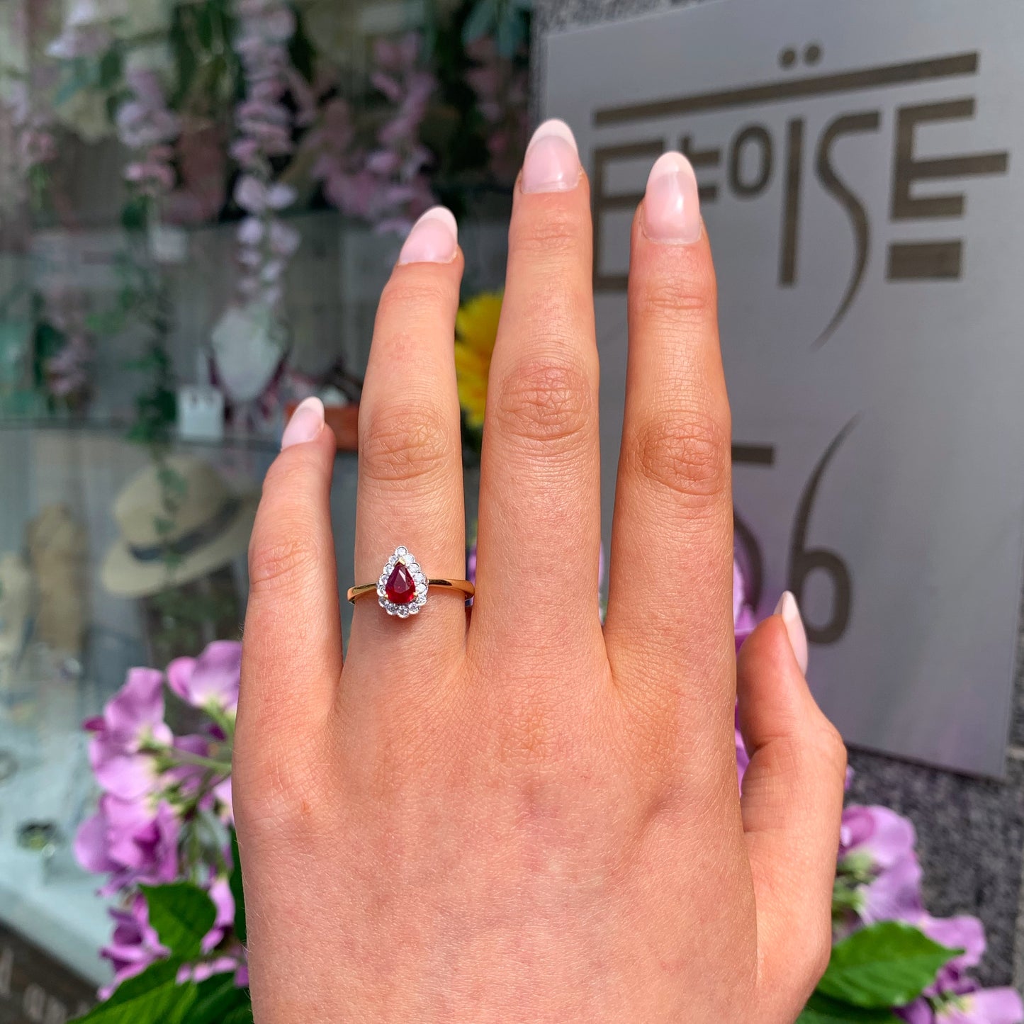 Dainty 18ct Yellow Gold Pear Shaped Red Ruby and Diamond Engagement Ring - Size M