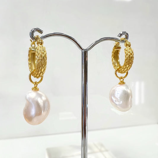 9ct Gold Plated Hoop Pearl Drop Earrings