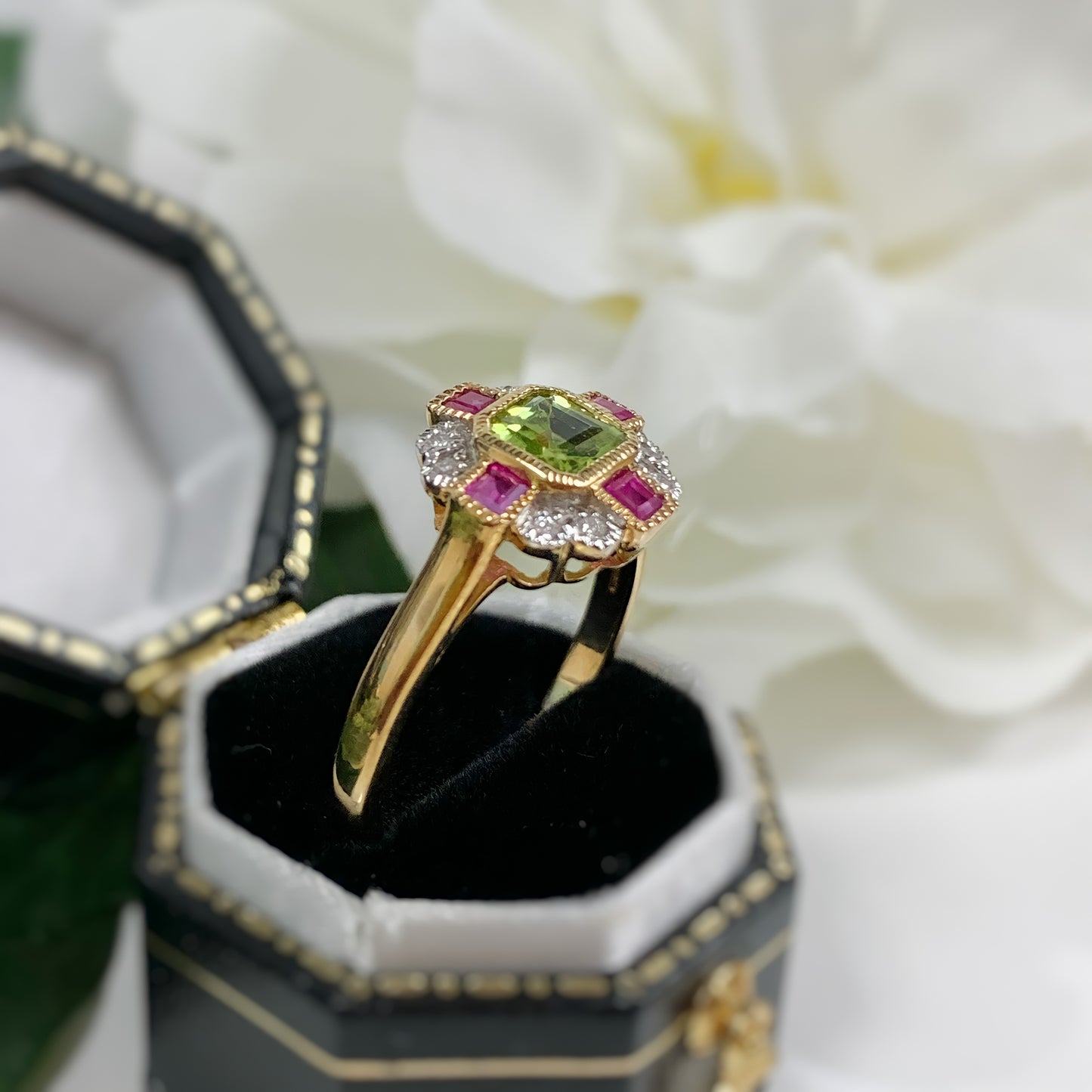 9ct Yellow Gold Art Deco Reproduction Green Peridot, Pink Ruby and Diamond Ring – Size O