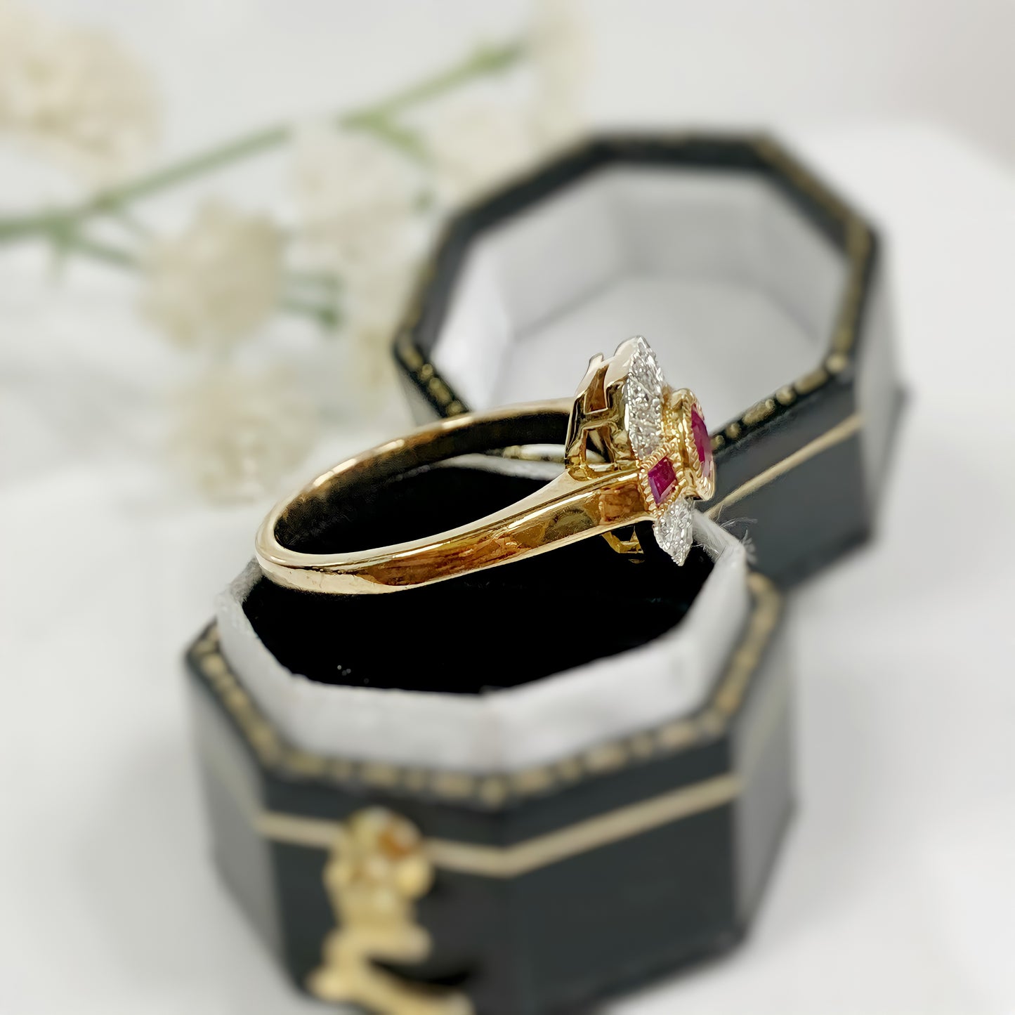 9ct Yellow Gold Art Deco Reproduction Red Ruby and Diamond Ring – Size N