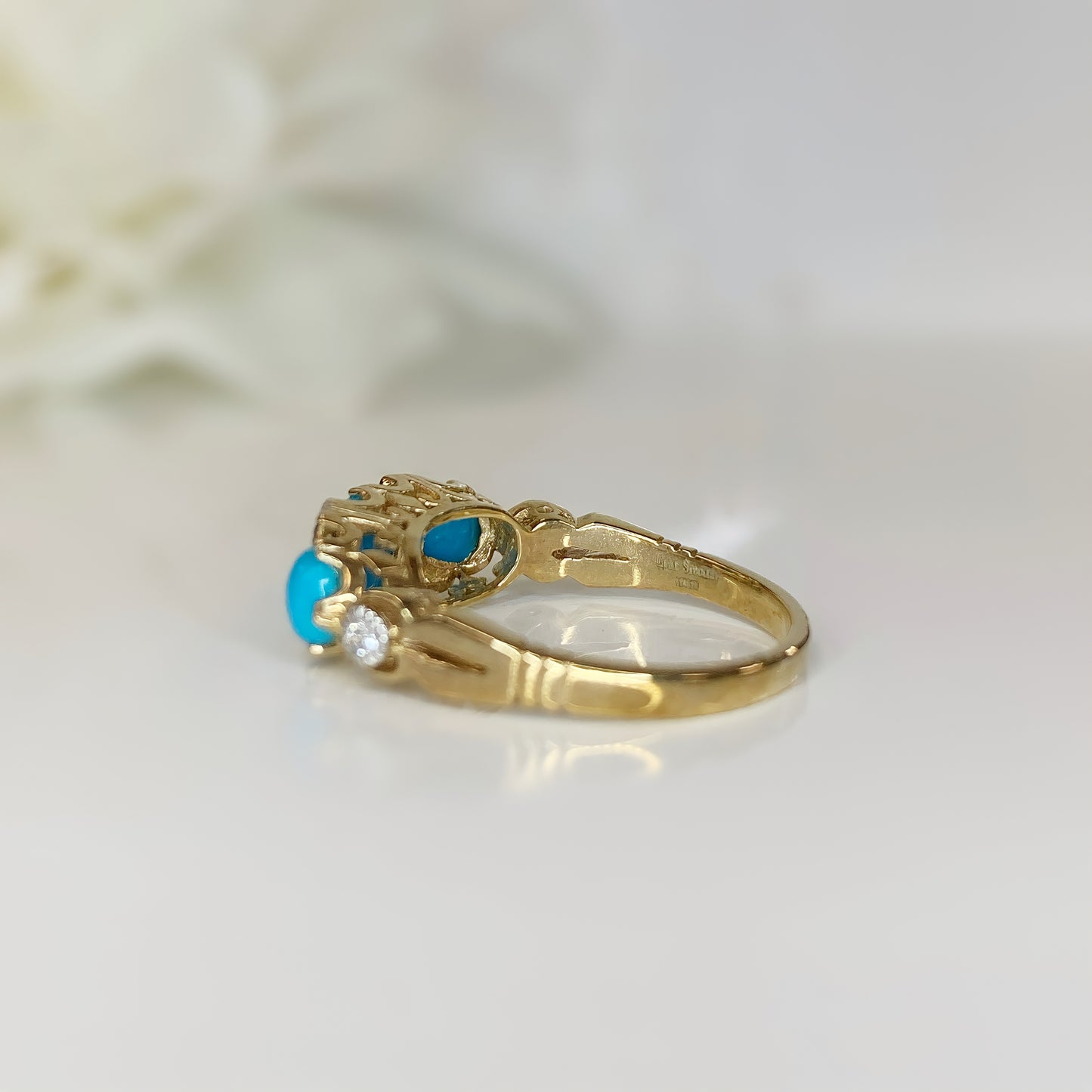 Edwardian Inspired 9ct Yellow Gold Turquoise and Diamond Ring - SIZE M ½
