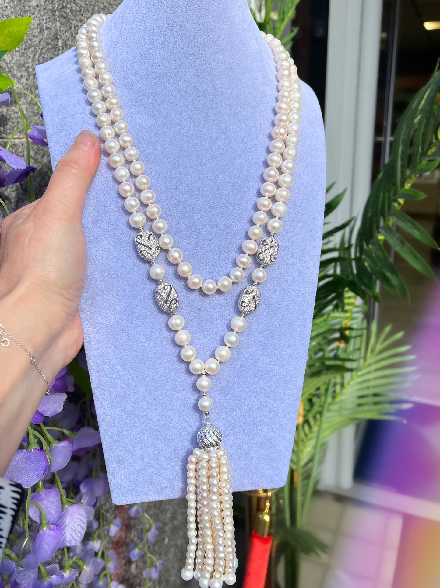 White Gold Plated Double Lariat Pearl & Cubic Zirconia Statement Necklace