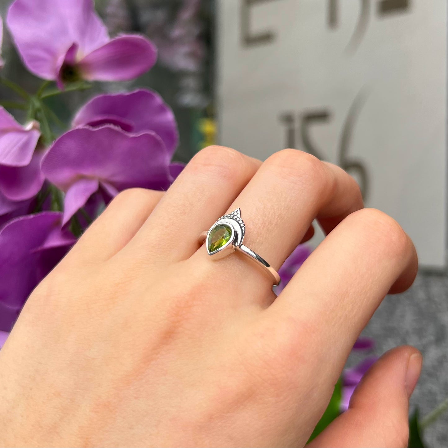 Sterling Silver Bohemian Pear Cut Faceted Peridot Ring