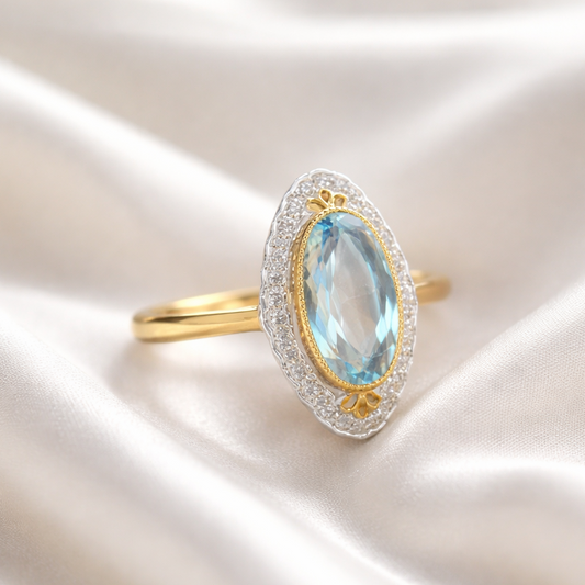 9ct Yellow Gold Blue Topaz and Diamond Ring - Size M ½