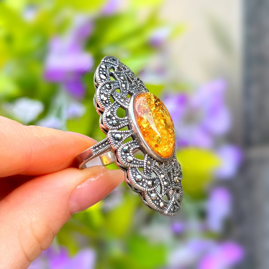 Orange Amber & Marcasite Sterling Silver Ring | Size O ½
