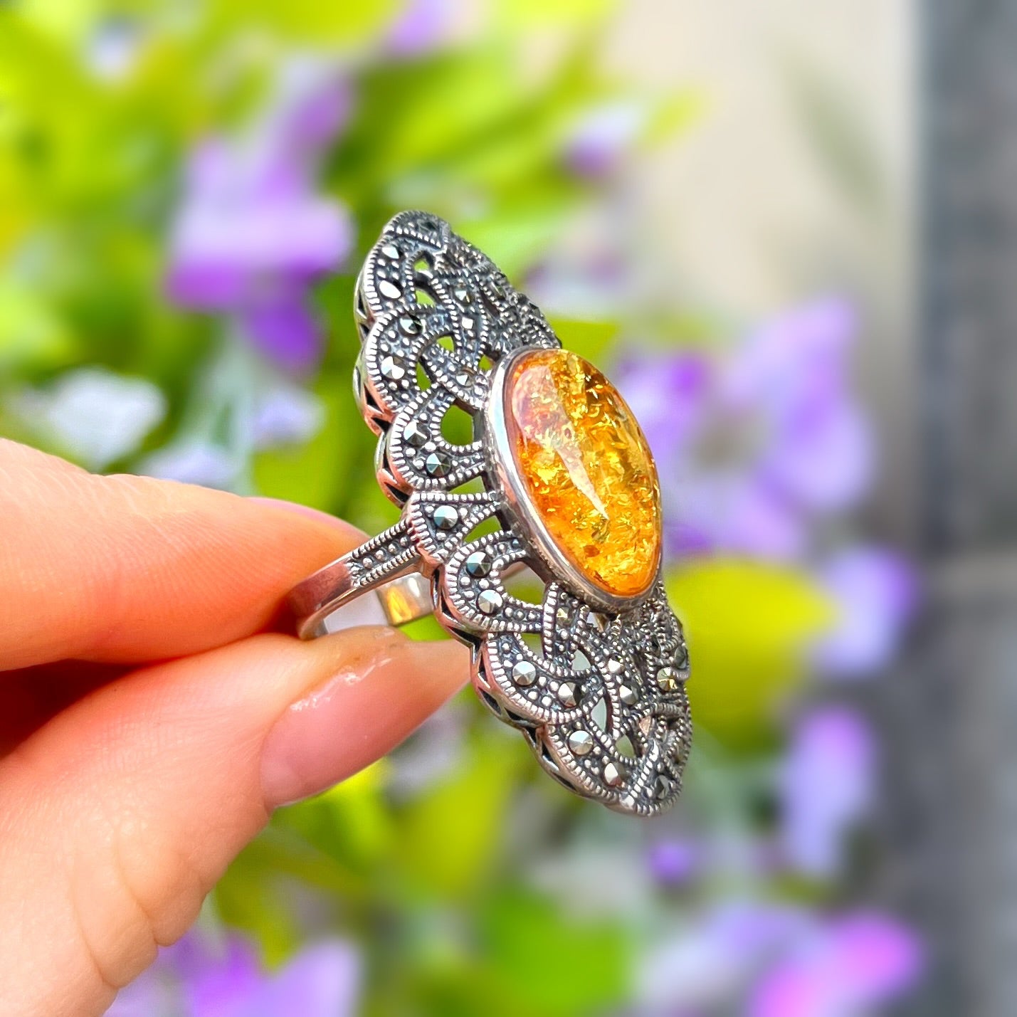 Orange Amber & Marcasite Sterling Silver Ring | Size O ½