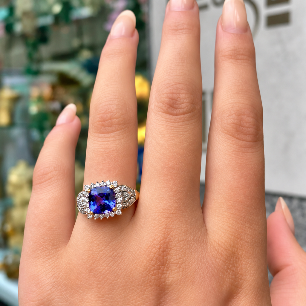 Vintage Indigo Tanzanite and Diamond 18ct Yellow Gold Cluster Chunky Ring | Size N