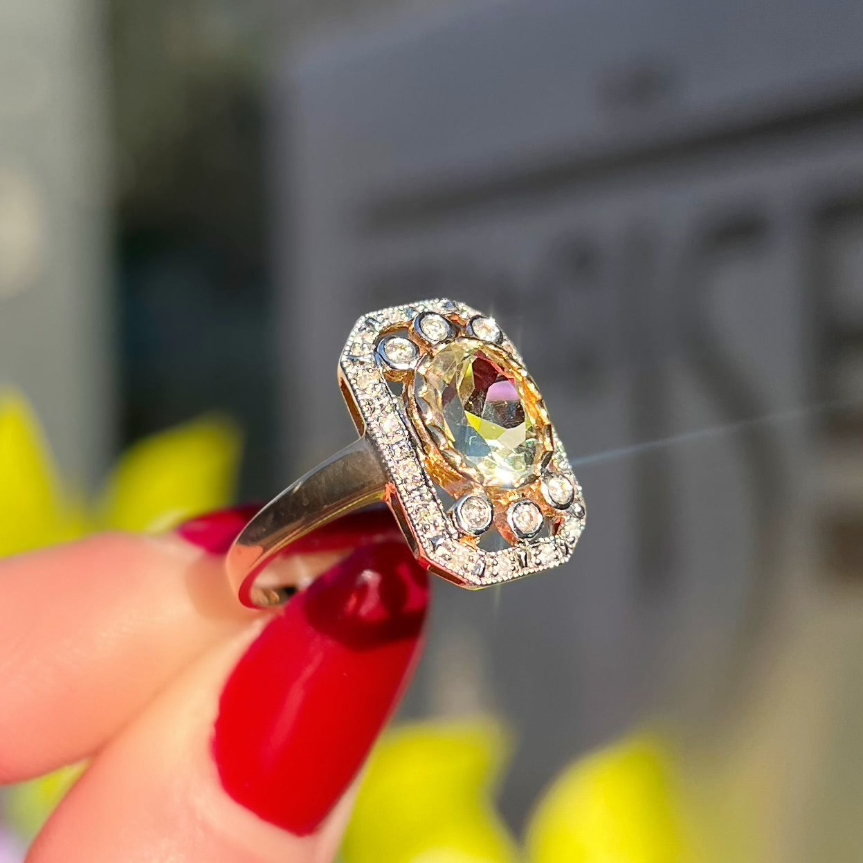 Art Deco Inspired Green Amethyst and Diamond 9ct Yellow Gold Ring | Size M