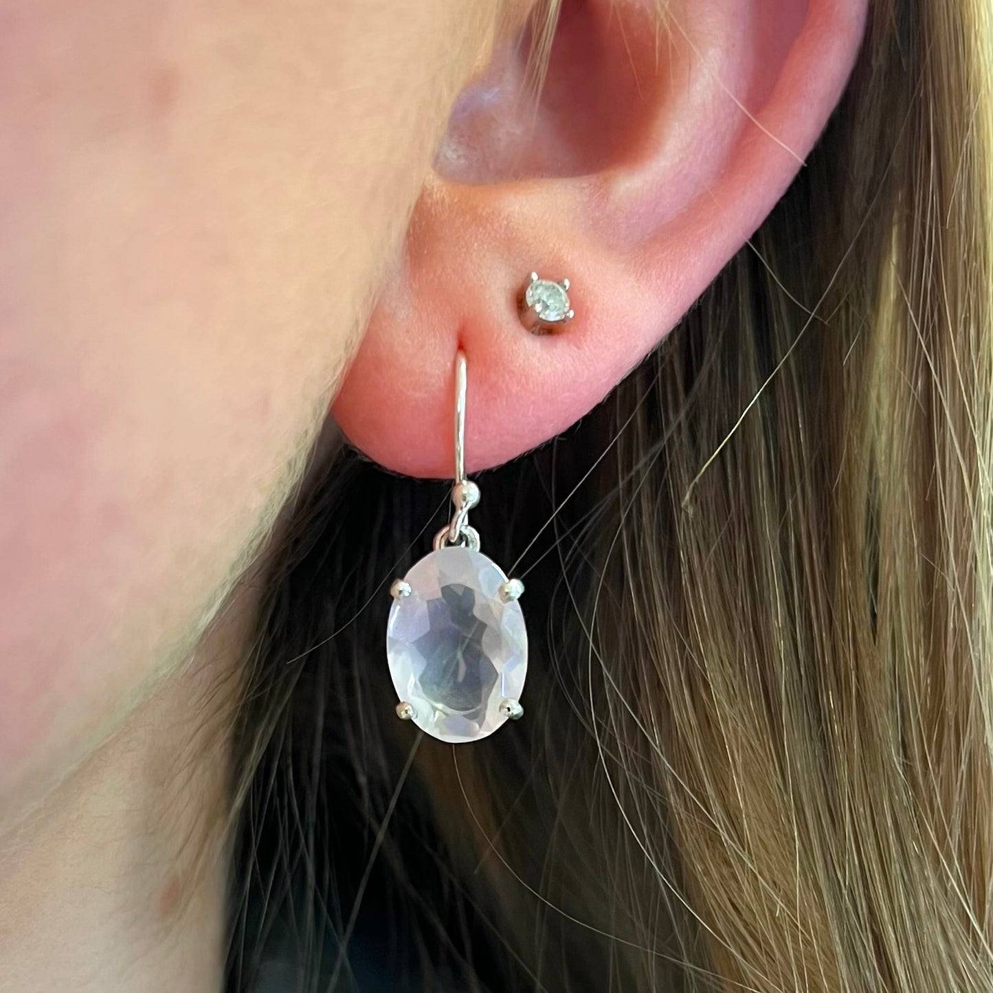 Pink Rose Quartz Sterling Silver Oval Faceted Drop Earrings