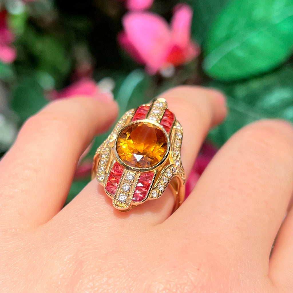 'The Soleil' Citrine, Orange Sapphire and Diamond 18ct Yellow Gold Cocktail Ring | Size M ½