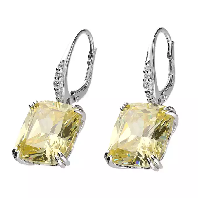 Lemon Yellow Square Cut Cubic Zirconia Sterling Silver Drop Earrings