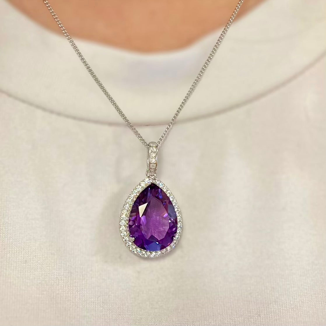 Sparkling Sterling Silver Pear Shaped Amethyst and Cubic Zirconia Necklace