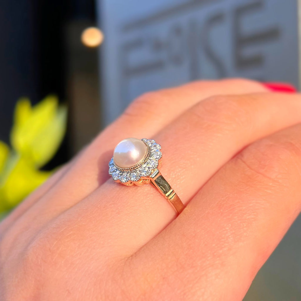 'The Audrey' Pearl and Diamond 9ct Yellow Gold Halo Cluster Ring | Size O