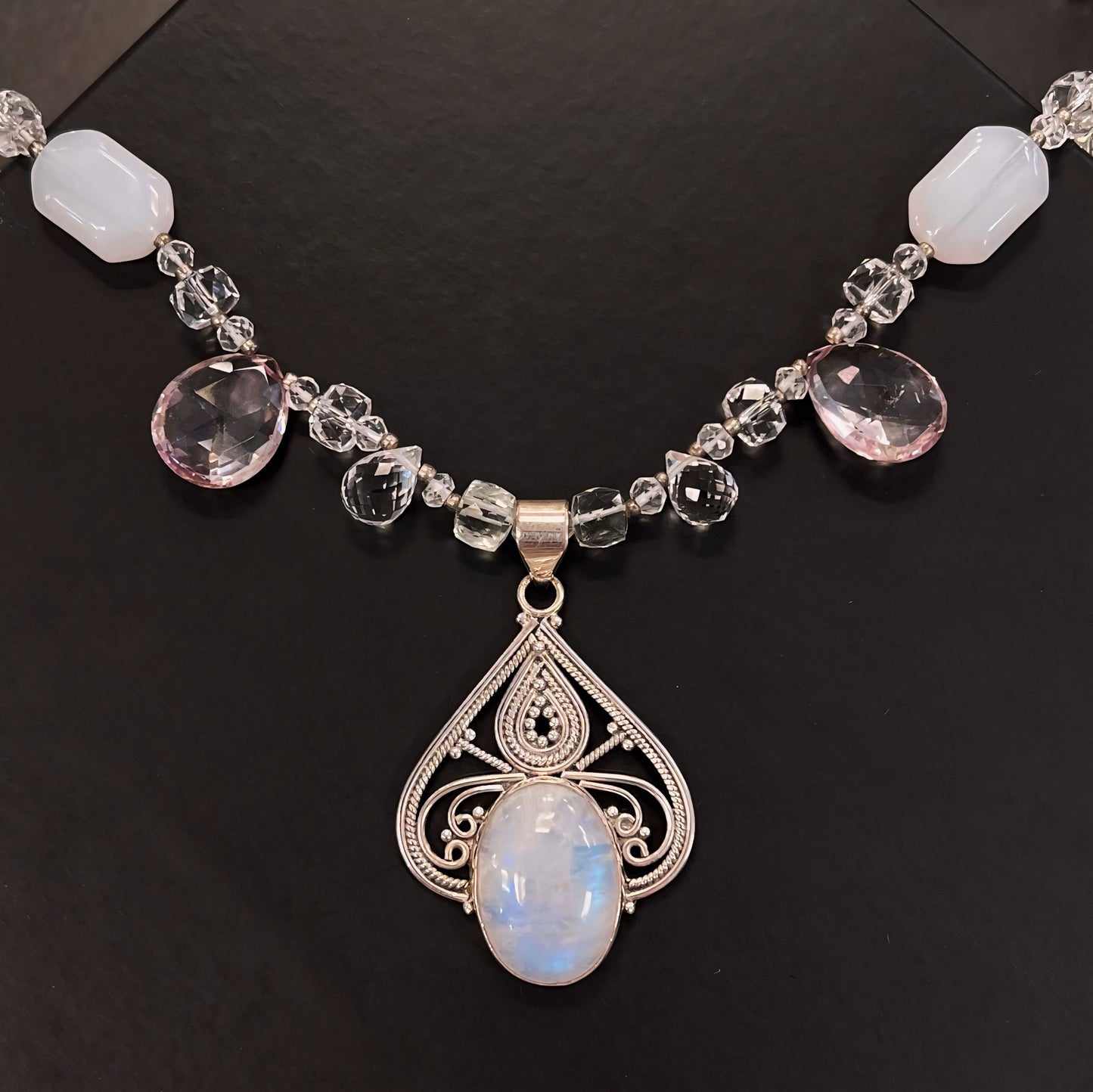 One-of-a-kind Sterling Silver Rainbow Moonstone and Pastel Chunky Gemstone Necklace