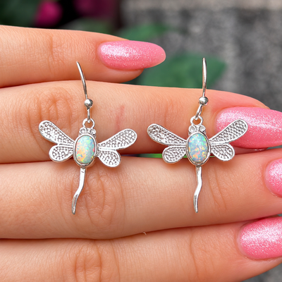 White Opal Sterling Silver Butterfly Drop Earrings