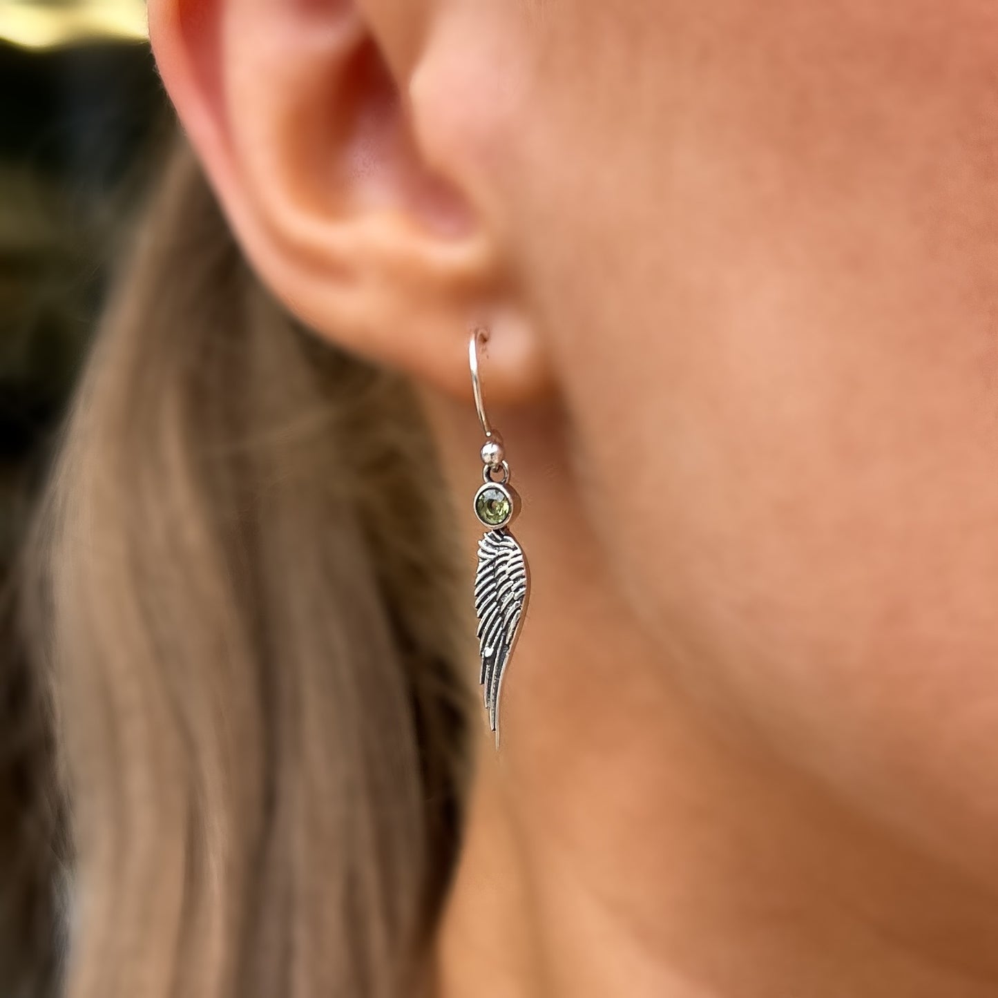 Dainty Sterling Silver Feather Wing Green Peridot Drop Earrings