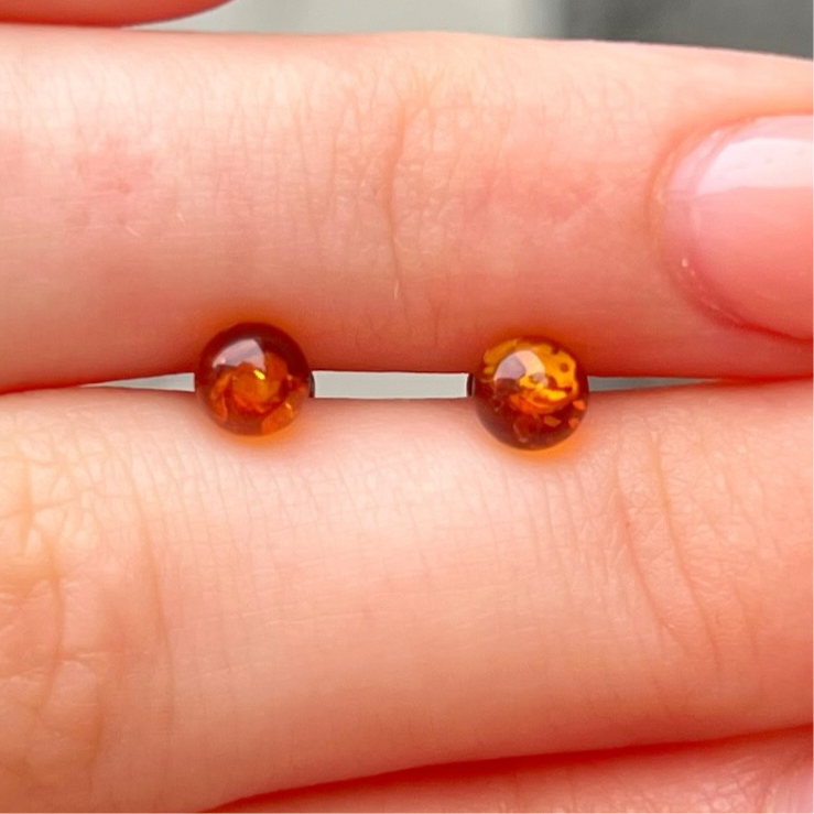 Sterling Silver Orange Amber Small Ball Stud Earrings