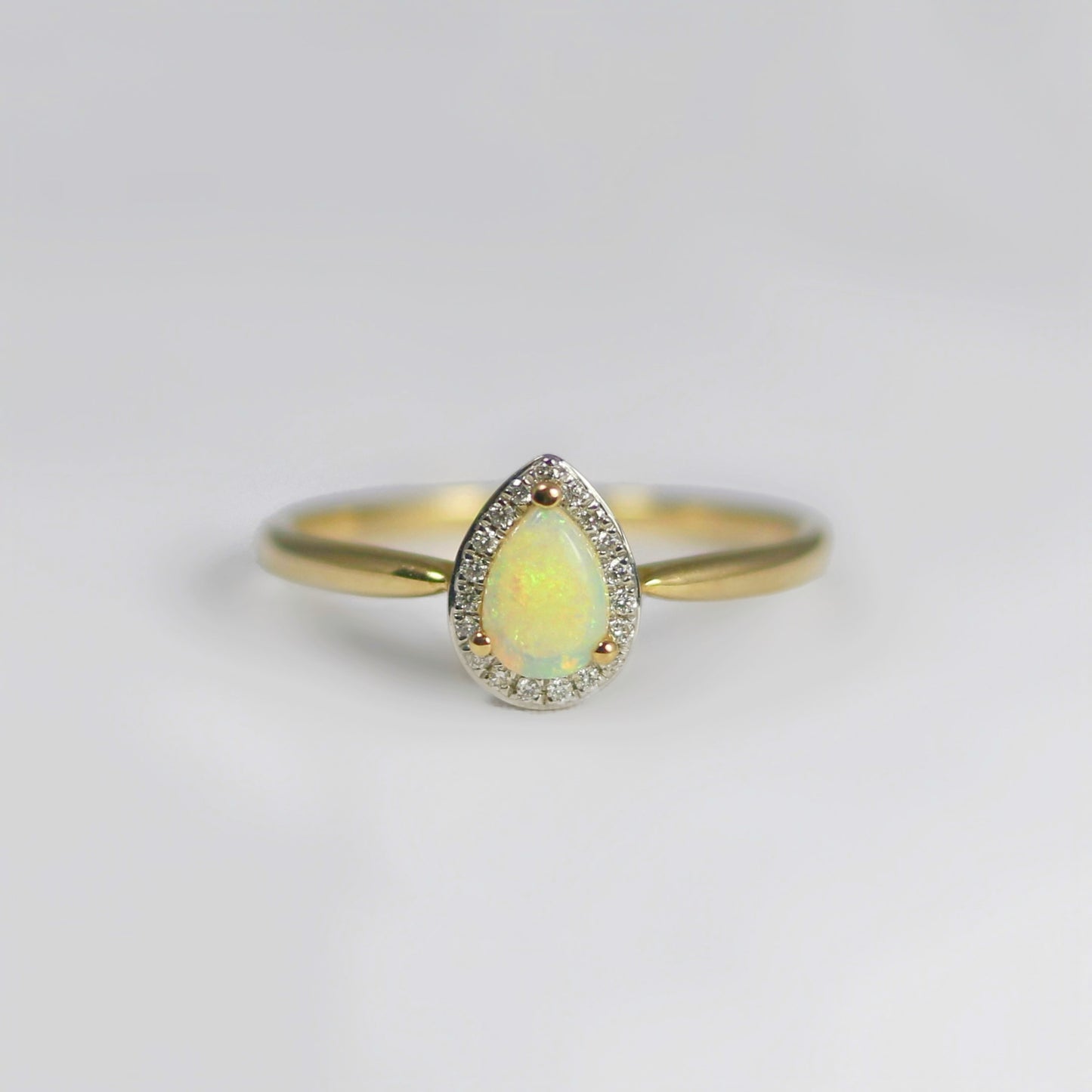 Dainty Sweet 9ct Yellow Gold Opal and Diamond Pear Shaped Halo Ring - Size O