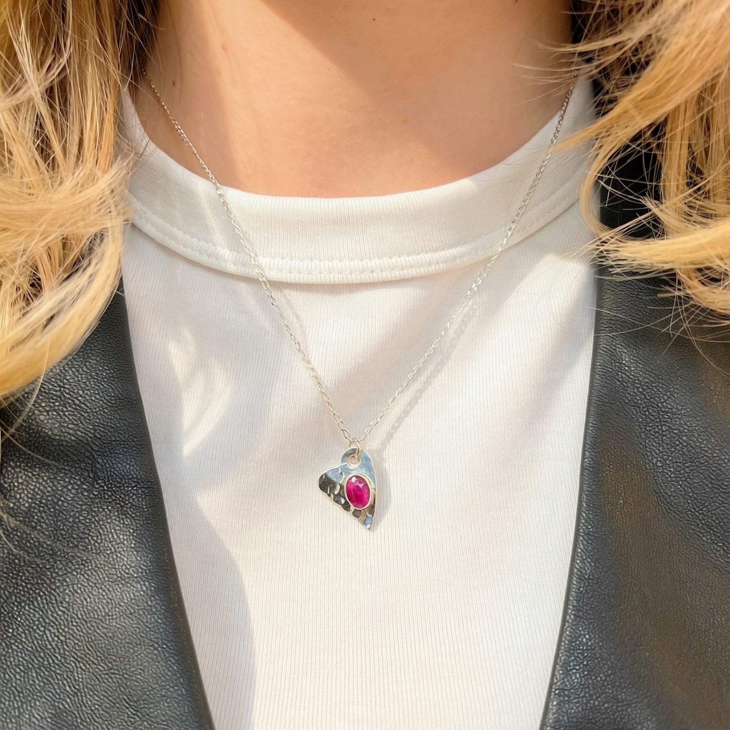 Sterling Silver Hammered Heart Ruby Necklace