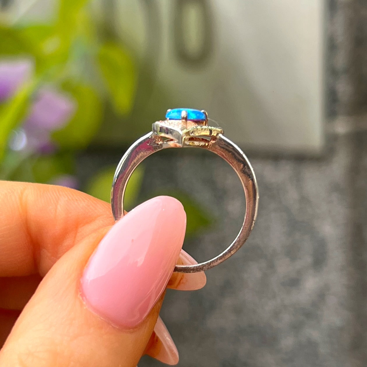 Sterling Silver Heart Design Blue Opal & Cubic Zirconia Ring - Size O