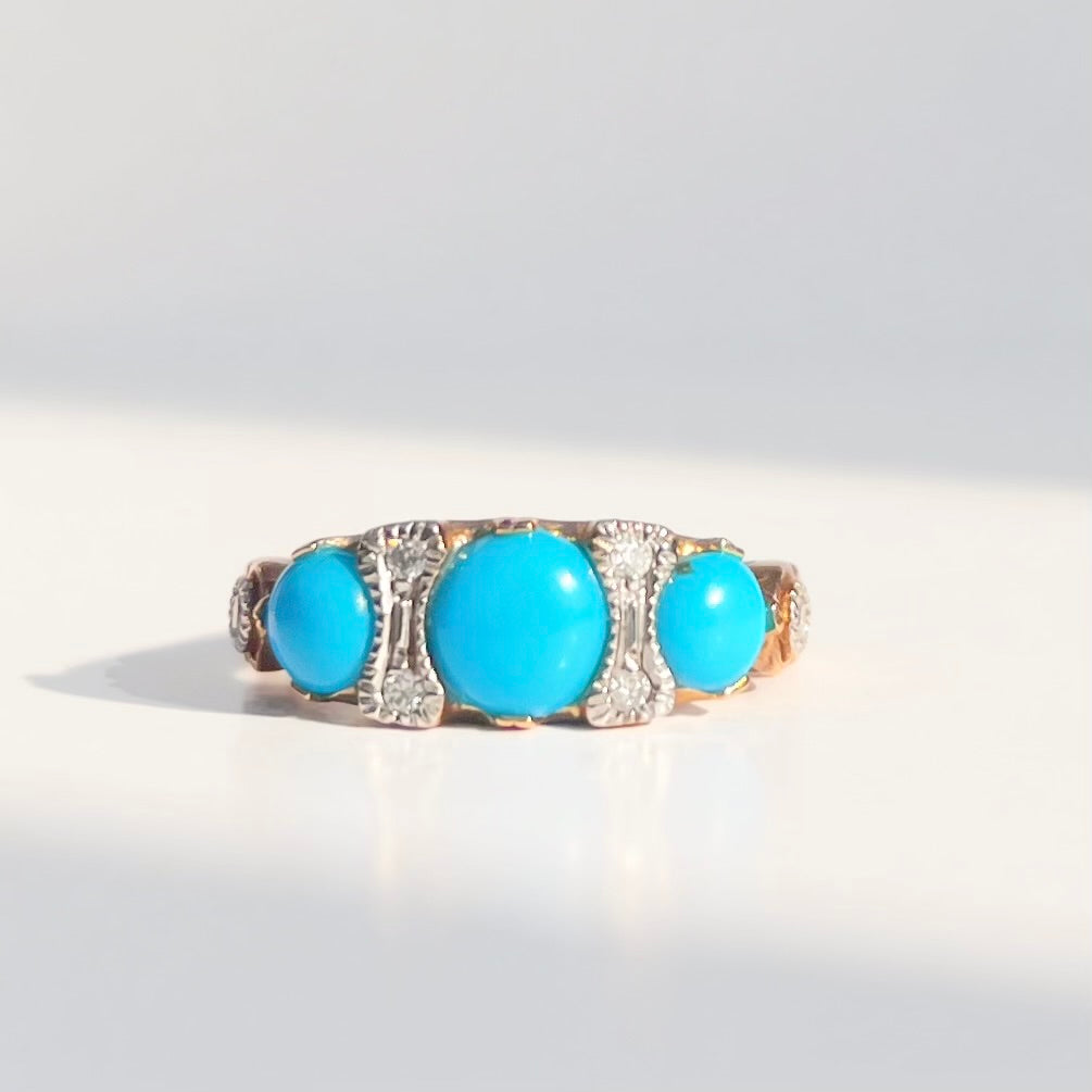 Edwardian Reproduction 9ct Yellow Gold Turquoise and Diamond Ring - Size M ½