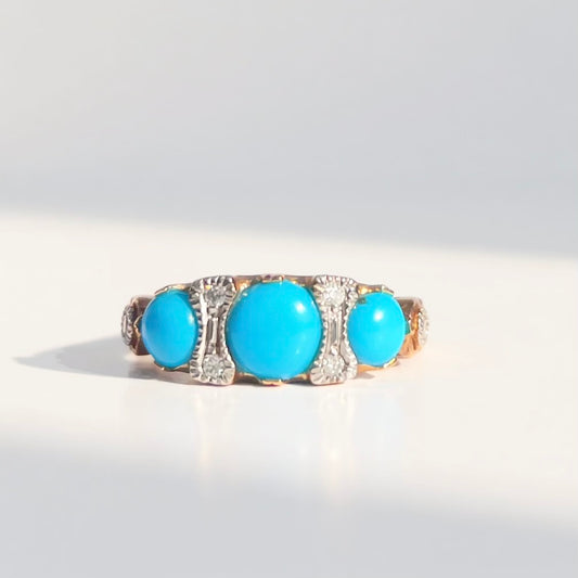Edwardian Reproduction 9ct Yellow Gold Turquoise and Diamond Ring - Size M ½