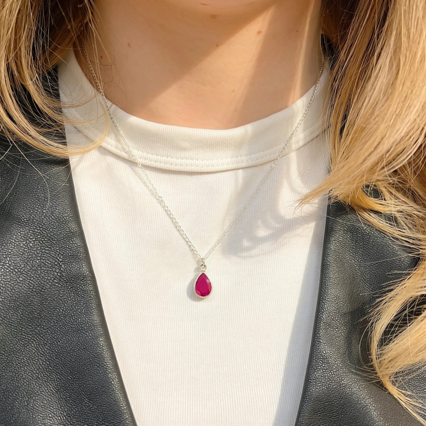 Dainty Sterling Silver Pear Ruby Necklace