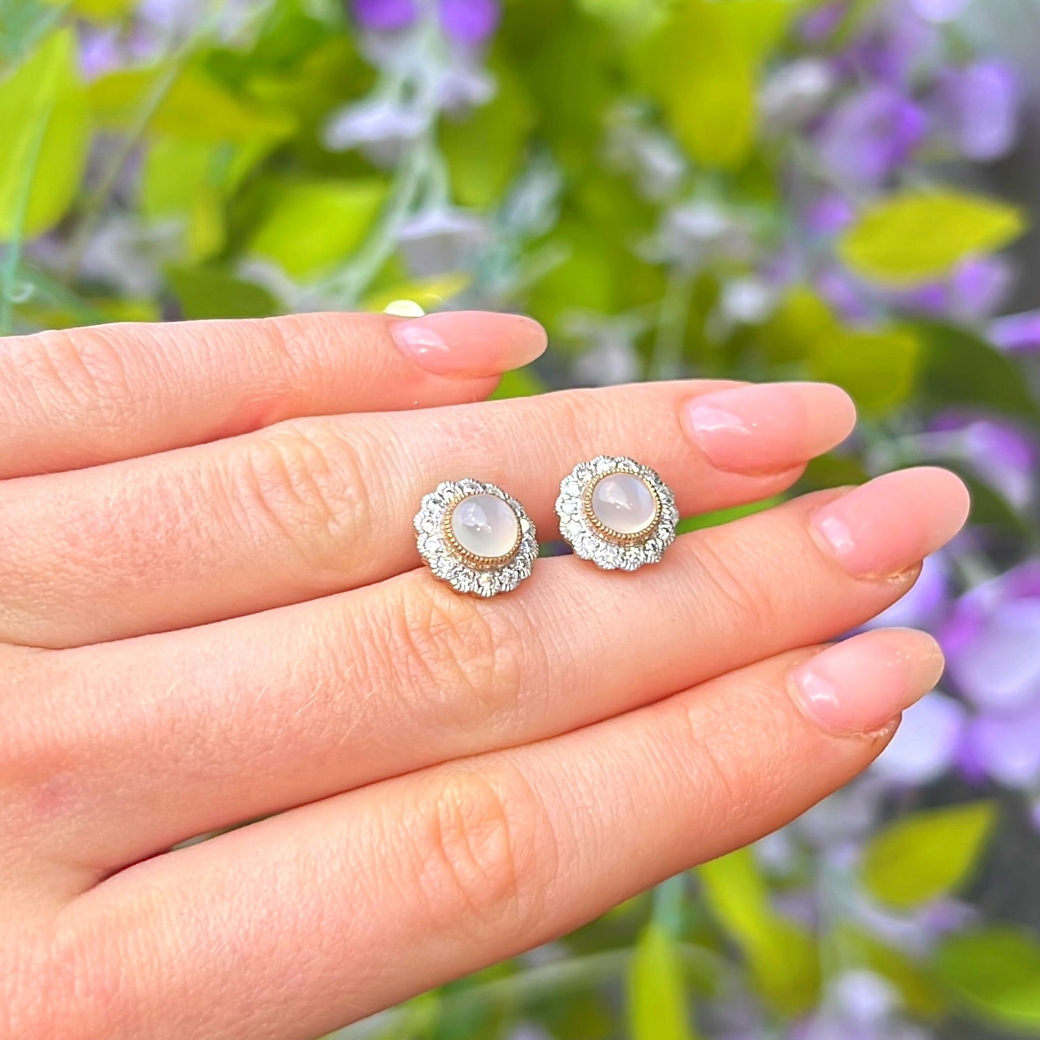 Moonstone and Diamond 9ct Gold Cluster Stud Earrings
