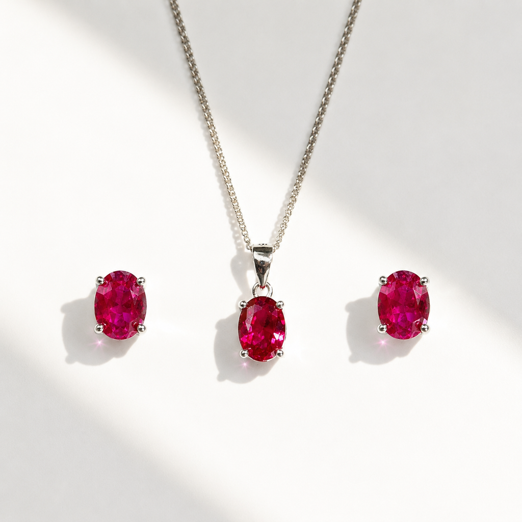 Oval-Cut Lab-Grown Ruby Sterling Silver Matching Necklace and Earring Set